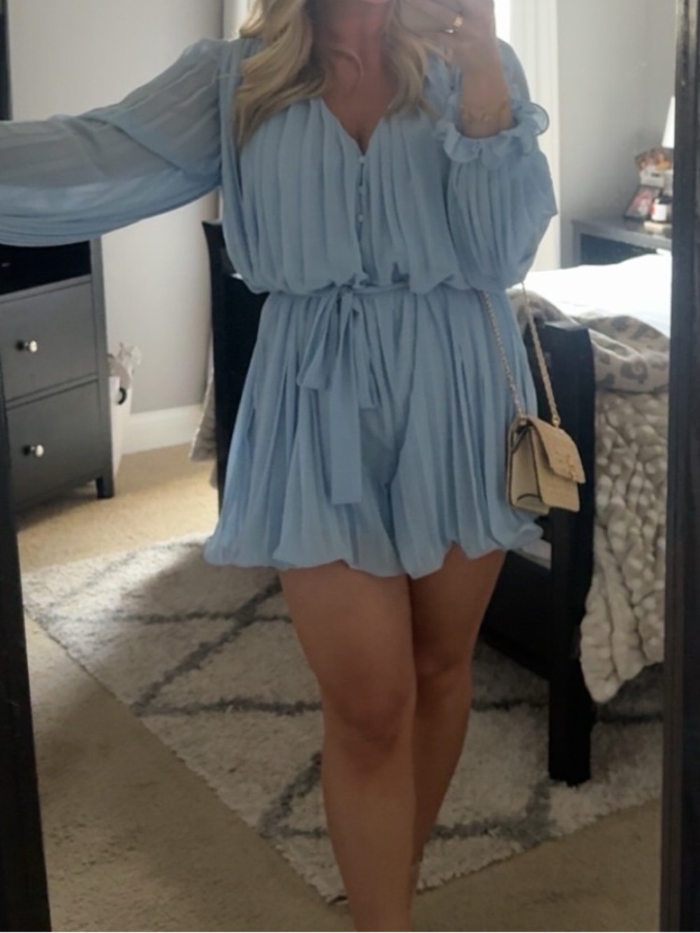 Light Blue Pleated Long Sleeve Romper